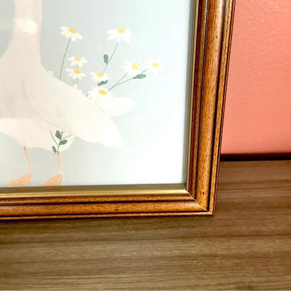 Goose Daisy Bouquet Duck Bird Cottagecore Wood & Gold Framed Canvas Art Print